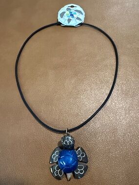 Blue Turtle Pendant Necklace with Black Cord - Women's Jewelry